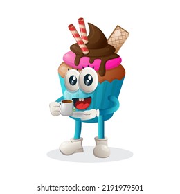 Cute cupcake mascot drinking tea, tea time. Perfect for food store, small business or e-Commerce, merchandise and sticker, banner promotion, food review blog or vlog channel, food fans or community
