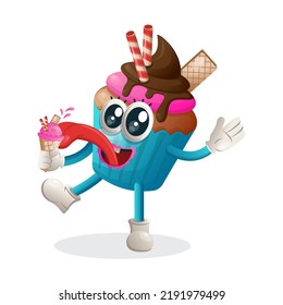 Cute cupcake mascot eat ice cream, ice cream cone. Perfect for food store, small business or e-Commerce, merchandise and sticker, banner promotion, food review blog or vlog channel
