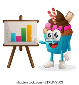 Cute cupcake mascot gives report presentation, shows column graphics. Perfect for food store, small business or e-Commerce, merchandise and sticker, banner promotion, food review blog or vlog channel