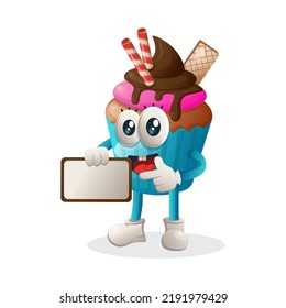Cute cupcake mascot holding billboards for sale. Perfect for food store, small business or e-Commerce, merchandise and sticker, banner promotion, food review blog or vlog channel
