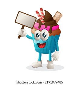 Cute cupcake mascot holding billboards for sale, sign board. Perfect for food store, small business or e-Commerce, merchandise and sticker, banner promotion, food review blog or vlog channel
