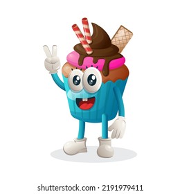 Cute cupcake mascot with peace hand. Perfect for food store, small business or e-Commerce, merchandise and sticker, banner promotion, food review blog or vlog channel, food fans or community
