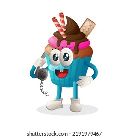Cute cupcake mascot pick up the phone, answering phone calls. Perfect for food store, small business or e-Commerce, merchandise and sticker, banner promotion, food review blog or vlog channel
