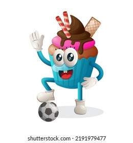 Cute cupcake mascot play football, soccer ball. Perfect for food store, small business or e-Commerce, merchandise and sticker, banner promotion, food review blog or vlog channel
