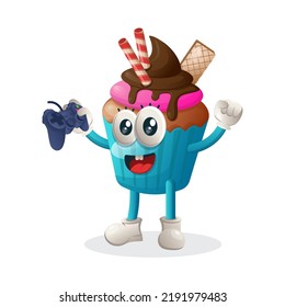 Cute cupcake mascot playing videogame with holding joystick. Perfect for food store, small business or e-Commerce, merchandise and sticker, banner promotion, food review blog or vlog channel
