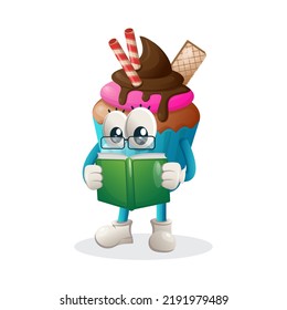 Cute cupcake mascot reading a book. Perfect for food store, small business or e-Commerce, merchandise and sticker, banner promotion, food review blog or vlog channel, food fans or community
