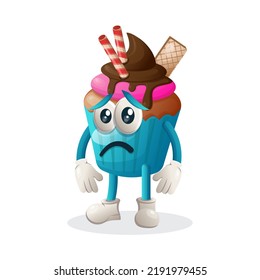 Cute cupcake mascot with sad expression. Perfect for food store, small business or e-Commerce, merchandise and sticker, banner promotion, food review blog or vlog channel, food fans or community

