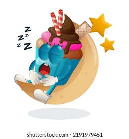 Cute cupcake mascot sleeping, sleeping on the moon. Perfect for food store, small business or e-Commerce, merchandise and sticker, banner promotion, food review blog or vlog channel
