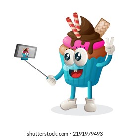 Cute cupcake mascot takes a selfie with smartphone. Perfect for food store, small business or e-Commerce, merchandise and sticker, banner promotion, food review blog or vlog channel
