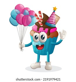 Cute cupcake mascot wearing a birthday hat, holding balloons. Perfect for food store, small business or e-Commerce, merchandise and sticker, banner promotion, food review blog or vlog channel
