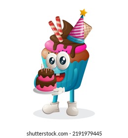 Cute cupcake mascot wearing a birthday hat, holding birthday cake. Perfect for food store, small business or e-Commerce, merchandise and sticker, banner promotion, food review blog or vlog channel
