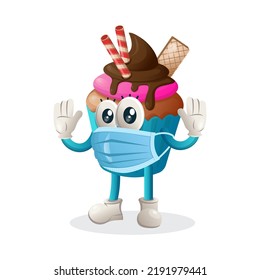 Cute cupcake mascot wearing medical mask, protect from covid-19. Perfect for food store, small business or e-Commerce, merchandise and sticker, banner promotion, food review blog or vlog channel
