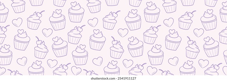 Bonito cupcake ou muffin ilustração vetor repete padrão banner com corações, linha arte ilustração fundo para projeto de cobertura de padaria