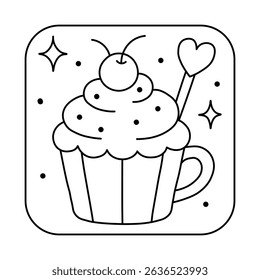 Cute Cupcake Mug with Cherry and Heart Spoon – Black and White Coloring Page for Kids
