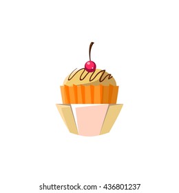 Cute Cupcake In Orange Paper Cup Flat Vector Cute Girly Style Isolated Sticker On White Background