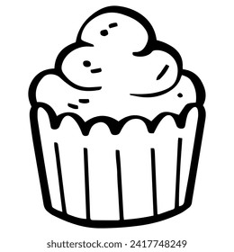 cute cupcake outline sweet dessert. Flat Design isolated colored clipart.