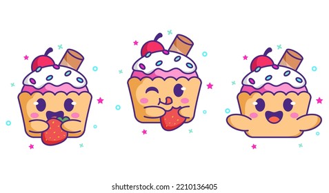 Cute cupcake with a piece of cherry, strawberry and cream topping in different action. Mascot design illustration. Vector design character set.