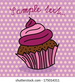 Cute cupcake, polka dot background, vector illustration