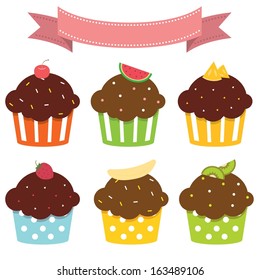 Cute Cupcake Polka dot package Fruit topping. Banana, Cherry, Pineapple, Kiwi, Watermelon, Strawberry.