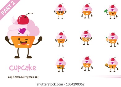 Cute cupcake poses set. Vector illustration. Isolated on white background.