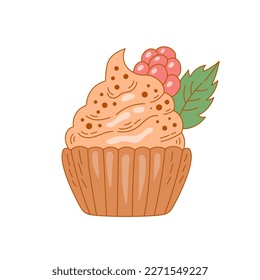 Cute cupcake with raspberry. Hand drawn dessert with cream, berry and leaf. Isolated vector illustration for cafe, menu, restaurant, bakery, confectionery