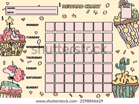 Cute cupcake reward chart for the classroom or house use. Daily and weekly reward chart for kids—routine tracker.