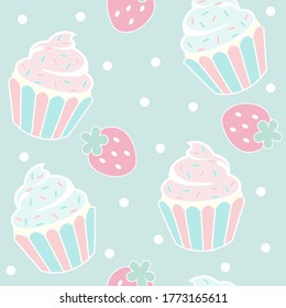 Cute cupcake patrón sin costura. Ilustración vectorial de diseño de dibujos animados aislada en fondo blanco.