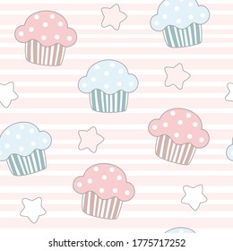 Cute cupcake patrón sin costura. Ilustración vectorial de diseño de dibujos animados aislada en fondo blanco.