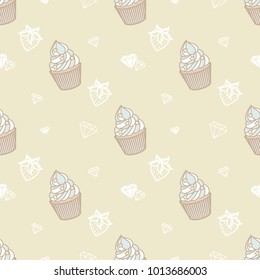 Cute cupcake seamless pattern decorated with diamond and strawberry in vintage theme.
