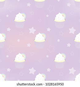 Cute cupcake seamless pattern decorated with star on purple gradient background.