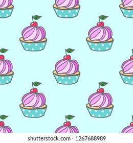 Cute cupcake seamless pattern. Decorative texture. Vector illustration.
