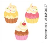 Cute Cupcake Set Cartoon Vector Illustration Sweet Bakery Dessert Collection