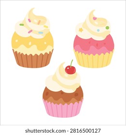 Cute Cupcake Set Cartoon Vector Illustration Sweet Bakery Dessert Collection