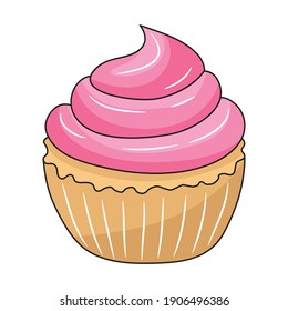 Cute Cupcake, Simple Colored Line Art Vector Illustration