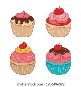 Cute Cupcake, Simple colored Line art vector illustration