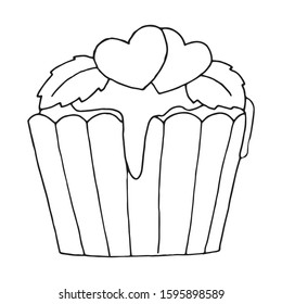 Cute cupcake single element hand drawn doodle style. Vector illustration. Black outlines isolated on white background. Design for invitations, wedding or greeting cards, gifts, wrapping paper, menu.