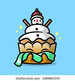 A CUTE CUPCAKE WITH SNOWMAN CREAM TOPPING IS WEARING A GREEN SCARFT. CARTOON CHARACTER. 