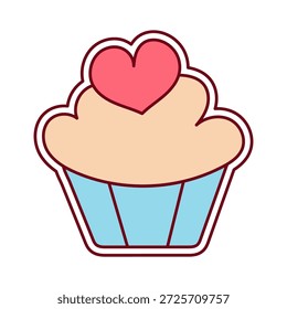 Netter Cupcake-Aufkleber mit roten Herzen verziert. Ein Element für Grußkarten, Einladungen, Hochzeiten und Verpackungen.