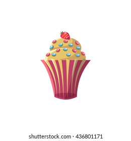 Cute Cupcake With Strawberry Flat Vector Cute Girly Style Isolated Sticker On White Background