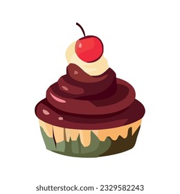 Cute cupcake with strawberry icing and decoration icon isolated