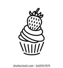 Cute cupcake with a strawberry icon in black color isolated on white background. Trendy line art. Can be used as a logo for a bakery. Vector illustration. Minimalist and simple.