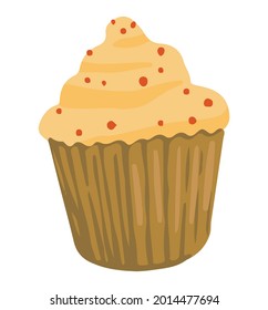 Cute cupcake, sweet bakery. Hand drawn vector illustration. Colored cartoon doodle of homemade baking. Single drawing isolated on white. Element for design, print, sticker, card, decoration, wrap.