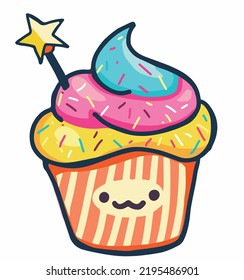 Cute Cupcake Sweet Muffin Smiling Illustration with Star