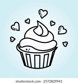 A cute cupcake with swirls of frosting and hearts surrounding it. Perfect for Valentine's Day or any special occasion!