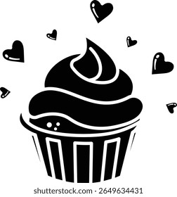 Um cupcake bonito com redemoinhos de glacê e corações ao seu redor. Perfeito para o Dia dos Namorados ou qualquer ocasião especial Ícone vetor estilo sólido