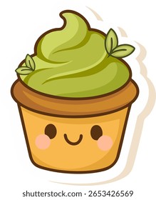 Um cupcake bonito coberto com geada matcha verde fofo, perfeito para ilustrações com tema de sobremesa, conjuntos de comida kawaii e clipart de padaria. Ideal para menus de café, pacotes de adesivos ou projetos de receitas doces.