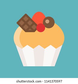 Cute cupcake with topping, Chocolate cherry and strawberry, simple icon in flat style, bakery and pastry set