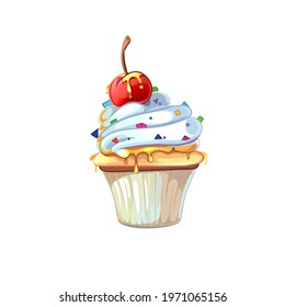 Cute cupcake with vanilla crema and cherry. Vector illustration 