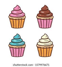 Cute cupcake vector illustration isolated on white background. Cupcake doodle 
