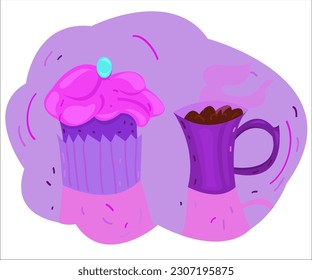 Un quequito lindo y una taza violeta de té caliente. Esta ilustración de dibujos animados en colores rosa y violeta puede utilizarse como logotipo para cafés, bares, cafeterías y panaderías. Vector, aislado.